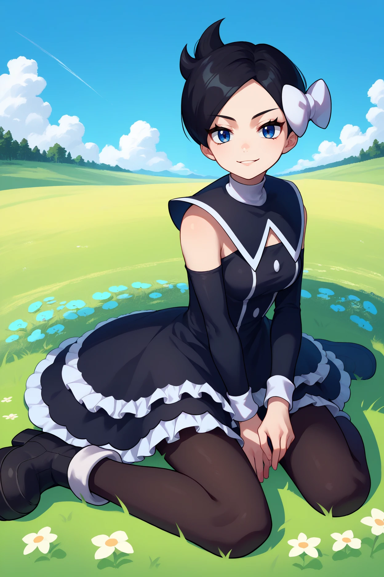 score_9, score_8_up, score_7_up, score_6_up, source_anime, 1girl, solo,  <lora:pkmnmarley-pdxl-nvwls-v1-000006:1> pmMly, black hair, short hair, blue eyes, hair bow, white bow, black dress, clothing cutout, frilled dress, sleeveless, detached sleeves, black pantyhose, blue sky, field, medium breasts, sitting, black boots, looking at you, smirk, meadow, blue sky, trees