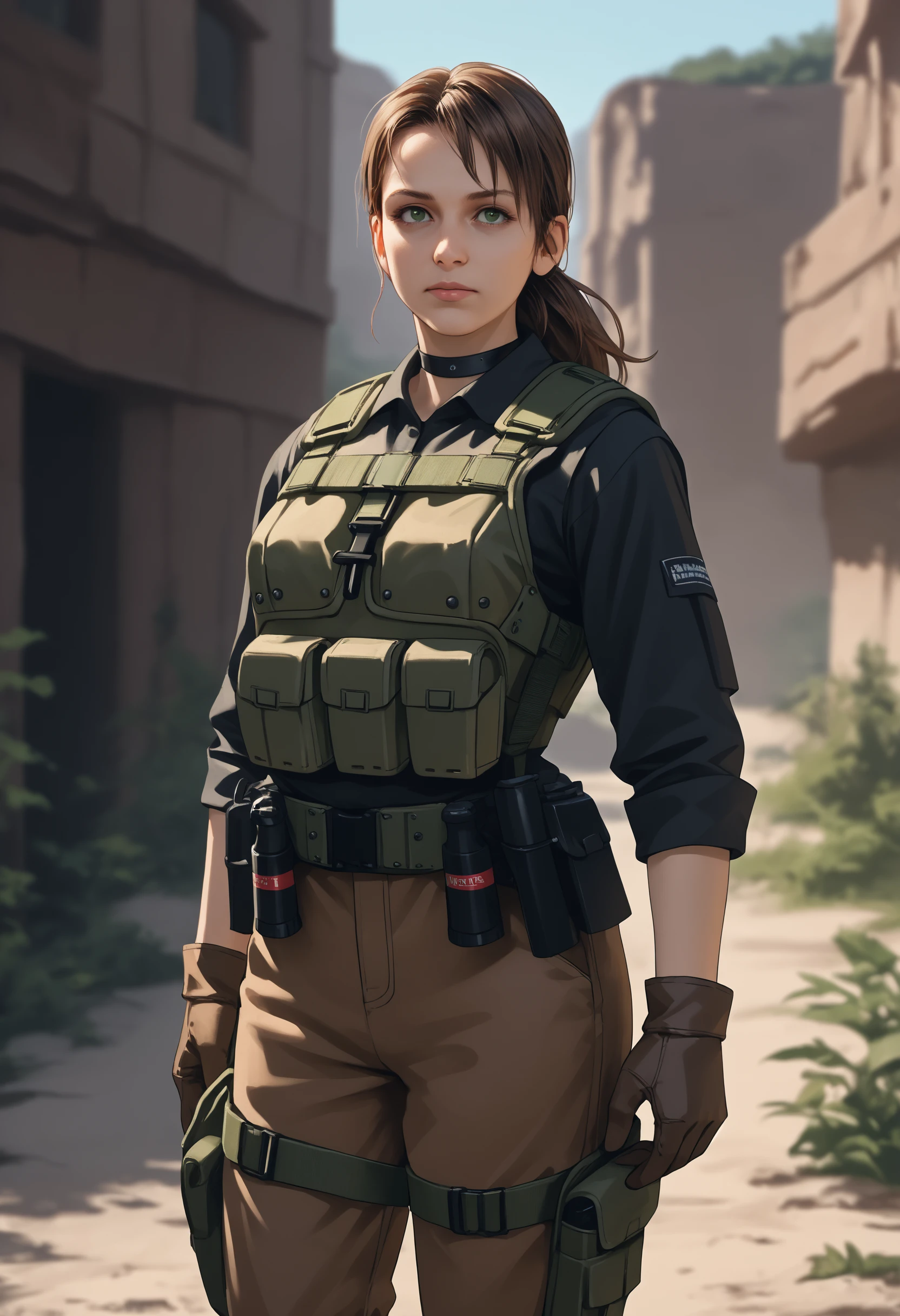 score_9, score_8_up,score_7_up, source_anime, 1girl, solo, <lora:MGSVsnpqt_pdxl_EliPot:1>, mgsnp,  long hair, brown hair, green eyes, mature female,
choker, body armor, bulletproof vest, long sleeves,sleeves rolled up, gloves, brown gloves, black shirt, holster, harness, 
utility belt, 
cargo pants,  boots, 
outdoors,