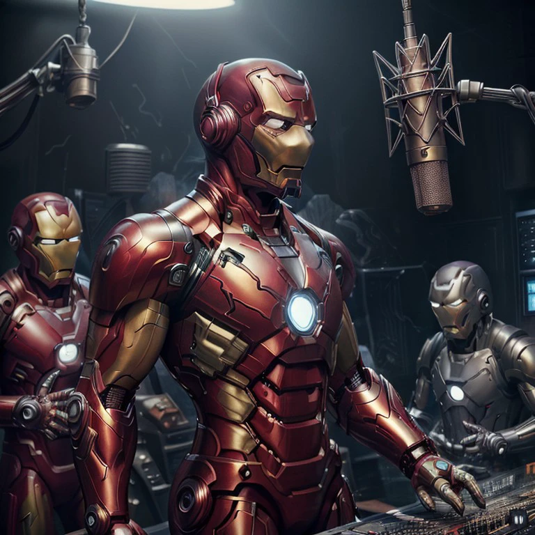 recstudio marvel studios Iron Man in a recording studio rapping, detailed armor, microphone glowing power suit, dark background, glowing white eyes