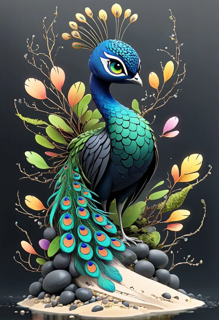 artmdfstff2, peacock, character concept, black linework, white background, neon's and pastels, fantasy setting, world building, dark fantasy, organic, made of stuff, construct, pokemon, moss, Leaves, petals, pebbles, water, sand, feathers, twigs