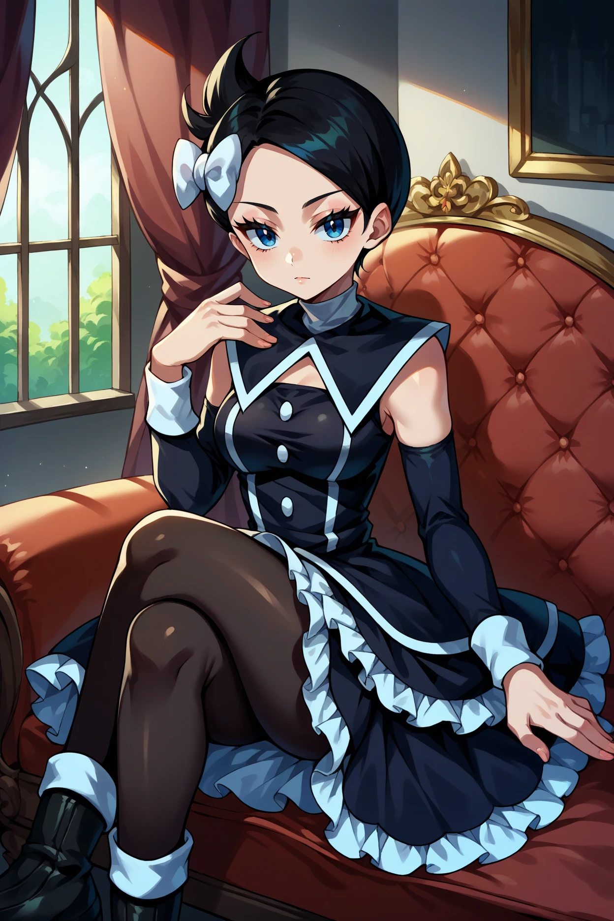 score_9, score_8_up, score_7_up, score_6_up, source_anime, 1girl, solo, <lora:pkmnmarley-pdxl-nvwls-v1-000006:1> pmMly, black hair, short hair, blue eyes, hair bow, white bow, black dress, clothing cutout, frilled dress, sleeveless, detached sleeves, black pantyhose, black boots, crossed legs, hand up, red sofa, fancy chair, mansion, looking at you, medium breasts