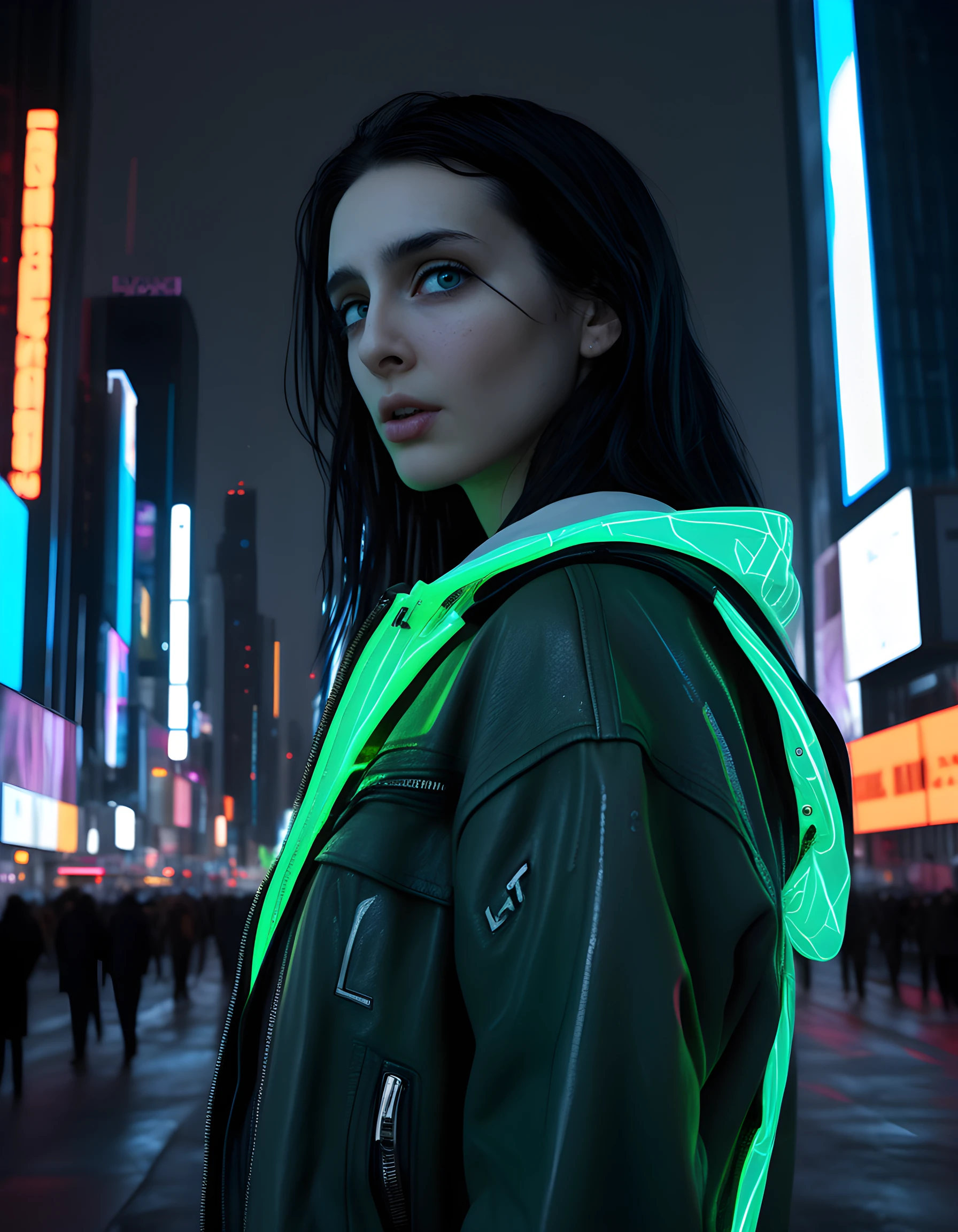 In a gritty, cyberpunk dystopian cityscape under the neon glow of holographic billboards, a striking woman named L150L3T stands alone against a grey backdrop, her long, dark hair cascading down her shoulders like a waterfall of shadows. Her piercing eyes are fixed on the viewer with an intense gaze, her lips slightly parted in a tense and determined expression. She wears a unique outfit that combines the sleek lines of futuristic technology with the rugged texture of battle-worn leather, a vibrant neon green jacket contrasting sharply against the dark cityscape. Her face is illuminated by the pulsating blue light emanating from a holographic display embedded in her right forearm, casting an eerie yet captivating glow across her features. The camera angle is low and angled upwards, emphasizing her imposing stature and the towering skyscrapers behind her, creating a sense of isolation amidst the chaos of the city.