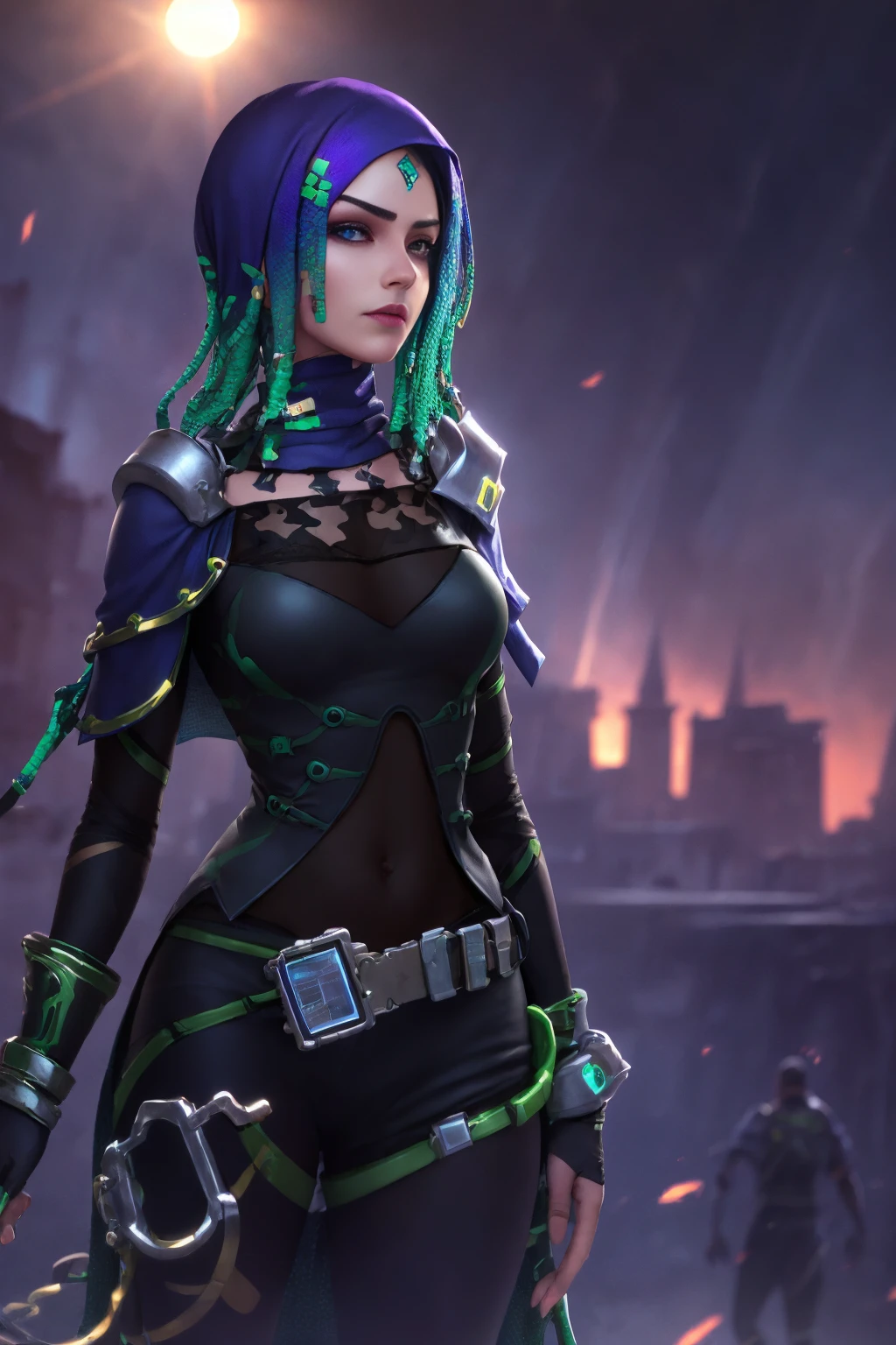 ((full body, standing):1.5), {((1woman))}, {((all black mechanical ninja suit with extremely short and tight gold bands around the body)), ((extremely large breasts)), ((green hair, very short mohawk, blue eyes)) looking at the viewer, smiling, very happy, ((striking an erotic pose)), ((on a fighting field, it's night, clouds in the sky, 1 full moon in the sky, tombstones, stone floor, blood on the floor))}, 16k, best quality, best resolution, best sharpness, ultra detailed,3DMM