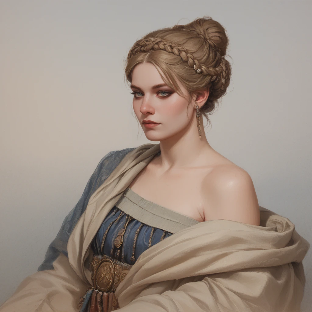 <lora:DrJ's Classicalism and Academicism Painting Style_epoch_1:1.8>, <lora:StS_detail_slider_release_two_v3:1>, score_9, score_8_up, score_7_up, score_6_up, rating_safe, source_painting, classicalism, traditional media, solo, 1girl, toga, exposed shoulder, jewelry, braided bun, makeup