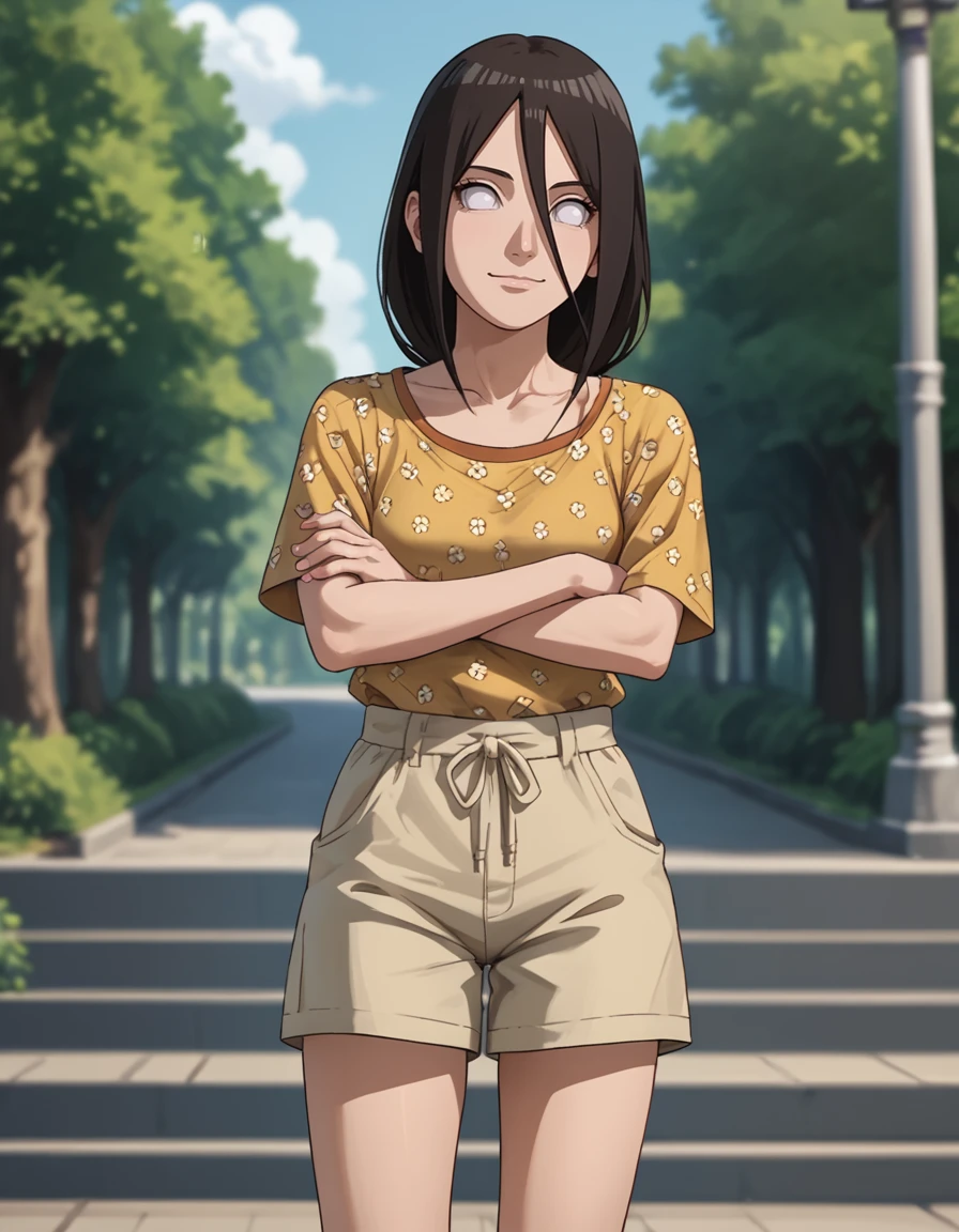 <lora:Hanabi:1>, hanabi hyuuga, 1girl, solo, depth of field, summer shorts, patterned tshirt, outdoors, summer, looking to the side, arms crossed, smile, looking away,, score_9, score_8_up, score_7_up, source_anime,