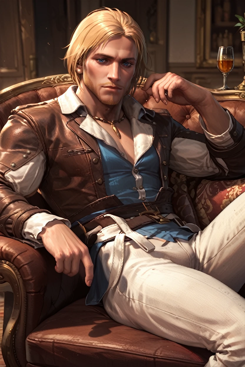 score_9, score_8_up, score_7_up, score_6_up
<lora:ACEdward:1.0>
ACEdward, 1boy, blonde hair, blue eyes, beard, looking at viewer, reclining in a classic leather armchair, with a glass of whiskey in hand