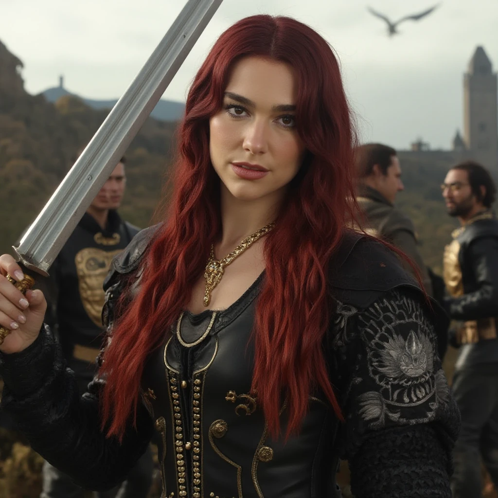 ohwx, cinematic still from a movie, a beautiful woman with long dark red hair and brown eyes at an outdoor setting. She is wearing black and gold medieval armor. She is holding a sword with one hand. There is a dragon flying in the sky in the background. There is a castle far in the background. There are peasants surrounding the subject. cinematic, Rembrandt lighting, soft shadows, DLSR camera, DOF, color correction, professional color grading, realistic, detailed, red hair, brown eyes