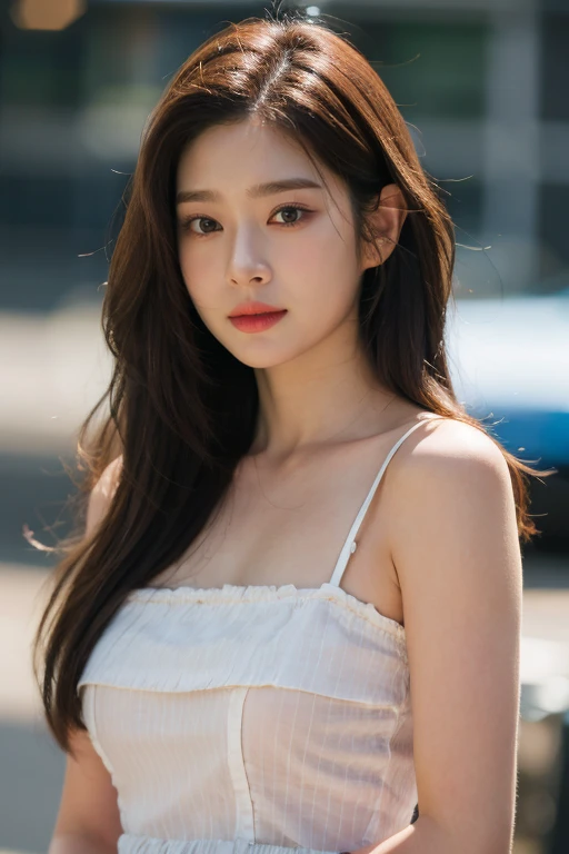 masterpiece, best quality, ultra-detailed, ultra high res, (photorealistic:1.4), raw photo, (realistic:0.2), 8k HDR, realistic lighting, looking at viewer, 1girl, solo, asymmetrical hair, outdoor, (traditional market:1.2), (day), bokeh, (detailed lips), (detailed pores), (detailed skin textures), (detailed face:1.2), (body:1.2), a woman in a sundress, cowboy shot,