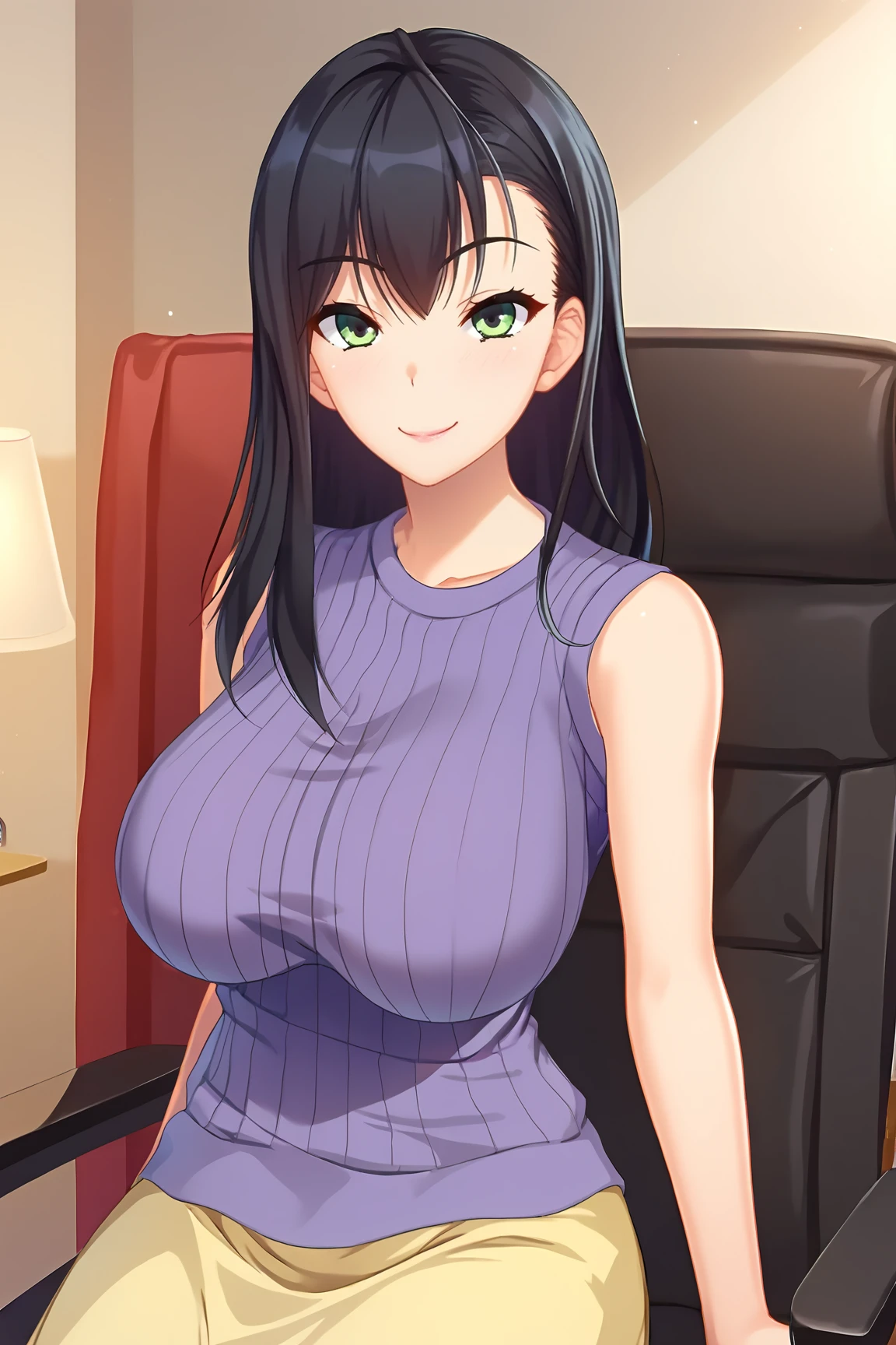 score_9, score_7_up, source_anime, 
BREAK
solo, 1girl, 
<lora:NikaidouChihiro-02:1>,
NikaidouChihiro, black hair,
ribbed sweater, purple sweater, sleeveless sweater, long skirt, yellow skirt, sweater vest,
BREAK
forced smile, 
sunlit mountain, 
Sitting, leather chair, 
three quarter view,