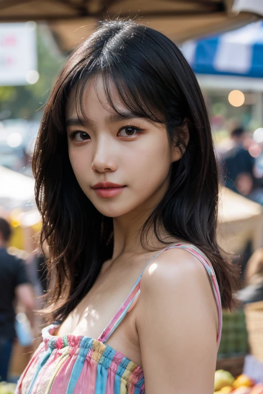 masterpiece, best quality, ultra-detailed, ultra high res, (photorealistic:1.4), raw photo, (realistic:0.2), 8k HDR, realistic lighting, looking at viewer, 1girl, solo, asymmetrical hair, outdoor, (traditional market:1.2), (day), bokeh, (detailed lips), (detailed pores), (detailed skin textures), (detailed face:1.2), (body:1.2), a woman in a sundress, cowboy shot,