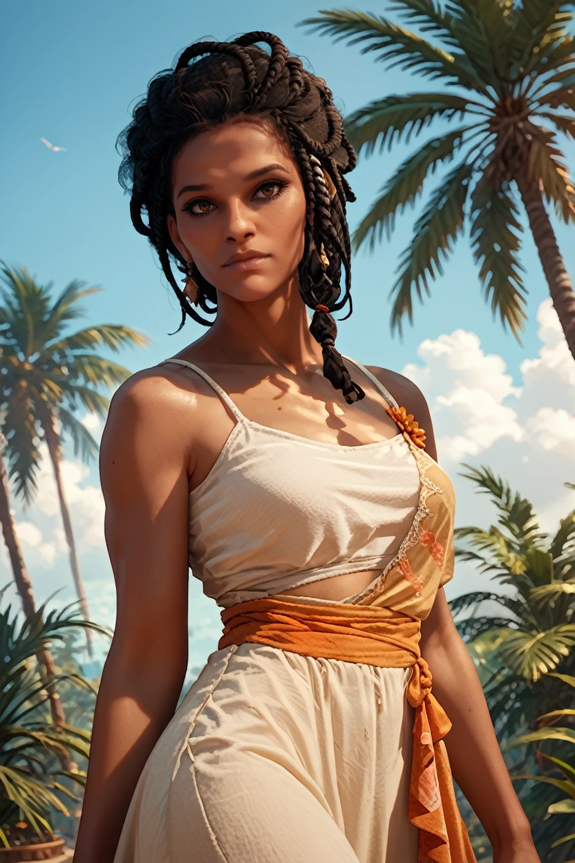 score_9, score_8_up, score_7_up, score_6_up
 <lora:ACAya:1>
ACAya, 1girl, black hair, brown eyes, dark skin, looking at viewer, on a tropical island, sundress, palm trees