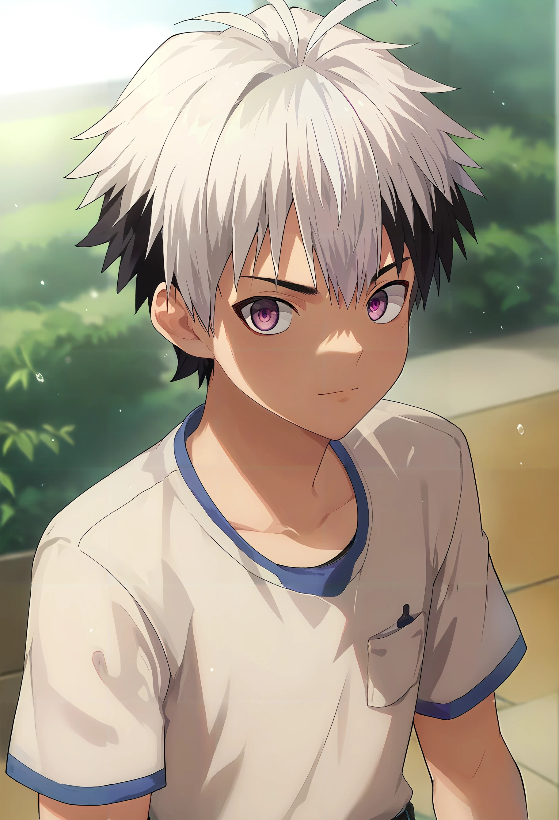 score_9, score_8_up, score_7_up, source_anime, rating_safe,  looking at viewer, depth of field, 1boy, solo, male focus, <lora:ren_elsie_jewelria_pony:0.7>, ren_elsie_jewelria, white hair, purple eyes, short hair, two-tone hair, multicolored hair, black hair,, <lora:bttn-000018:0.8>,