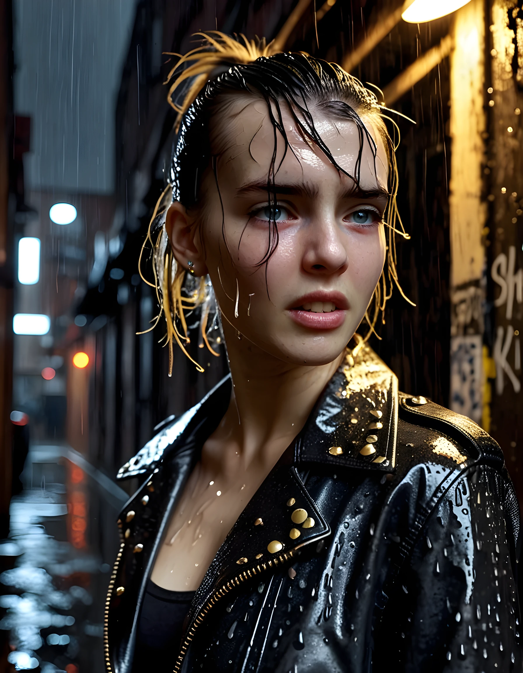 In a gritty, neo-noir setting of rain-soaked urban alleyways, a young woman, L150L3T, with her hair slicked back and bangs falling into her eyes, stands defiantly with a smirk on her face, revealing a single gold tooth. Her upper body is adorned in a leather jacket with intricate silver studs and a ripped black shirt, the lights from nearby neon signs reflecting off her wet skin and the rain-drenched fabric. The camera captures her from an angled view, focusing on her intense gaze that seems to pierce through the viewer, creating a sense of unease and intrigue in the dimly lit, eerily quiet alleyway, as she leans against a rusted metal door with a graffiti-covered background. The overall tone is one of raw power and mystery, emphasized by the contrast between the harsh, industrial environment and her vulnerability, hinting at a complex character hidden beneath the surface.