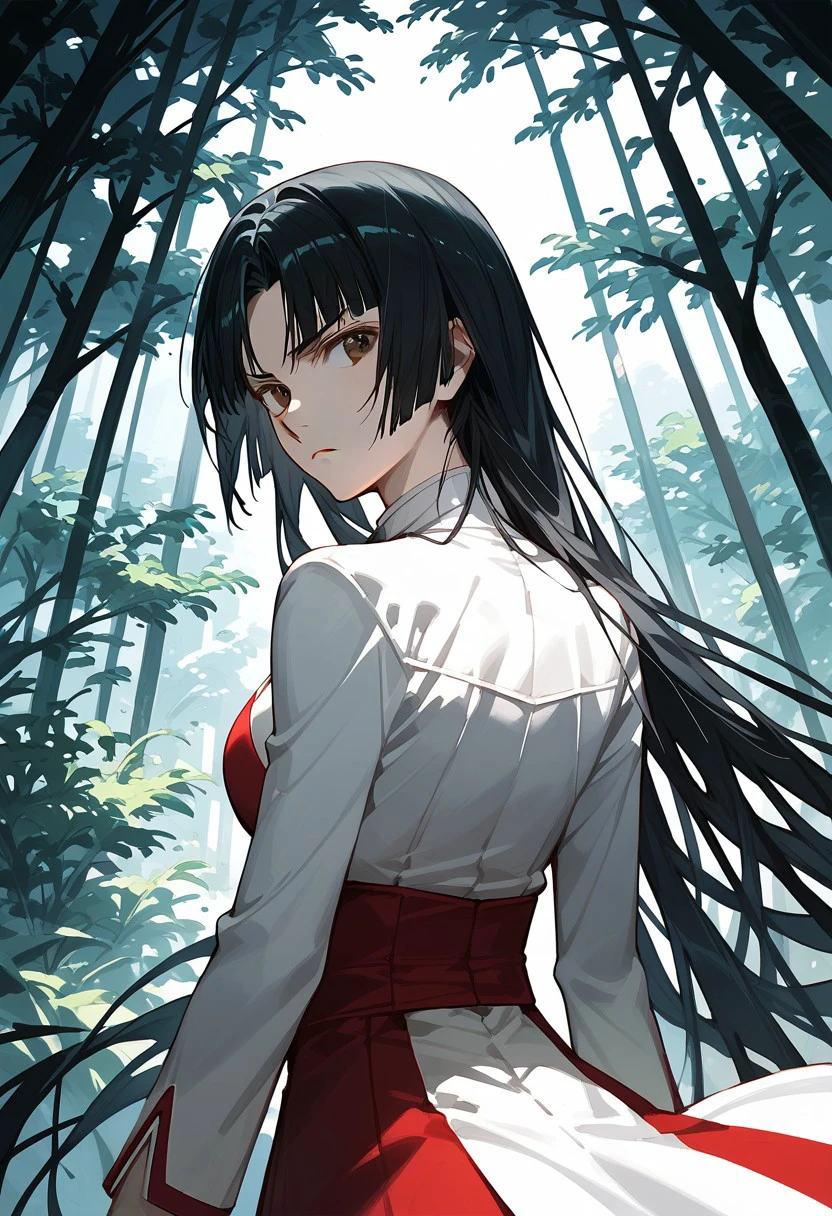 score_9_up, score_8_up, score_7_up, extreamly detailed, beautiful detailed face, complex detailed background, completely clothes, BREAK, 
WANG LIU MEI, 1girl, solo, long hair, looking at viewer, black hair, brown eyes, very long hair, looking back, from behind, tree, frown