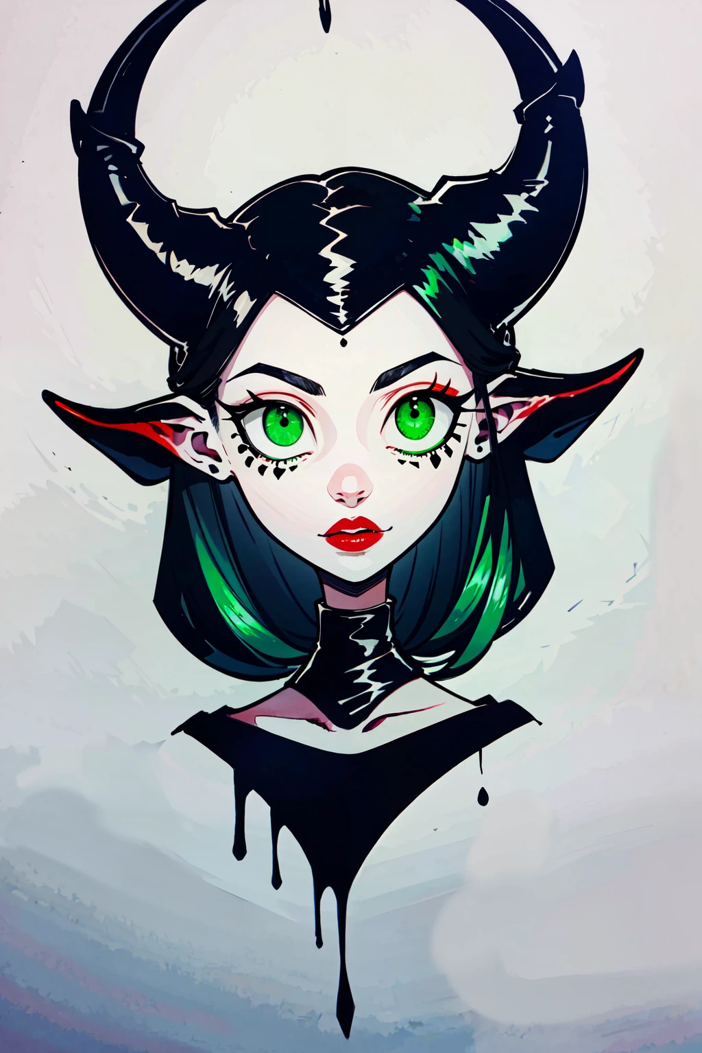 ((masterpiece,best quality)), absurdres,  <lora:Creepy_v2:0.8>,  1girl, solo, looking at viewer, simple background, black hair, green eyes, upper body, horns, grey background, makeup, traditional media, lipstick, portrait, red lips