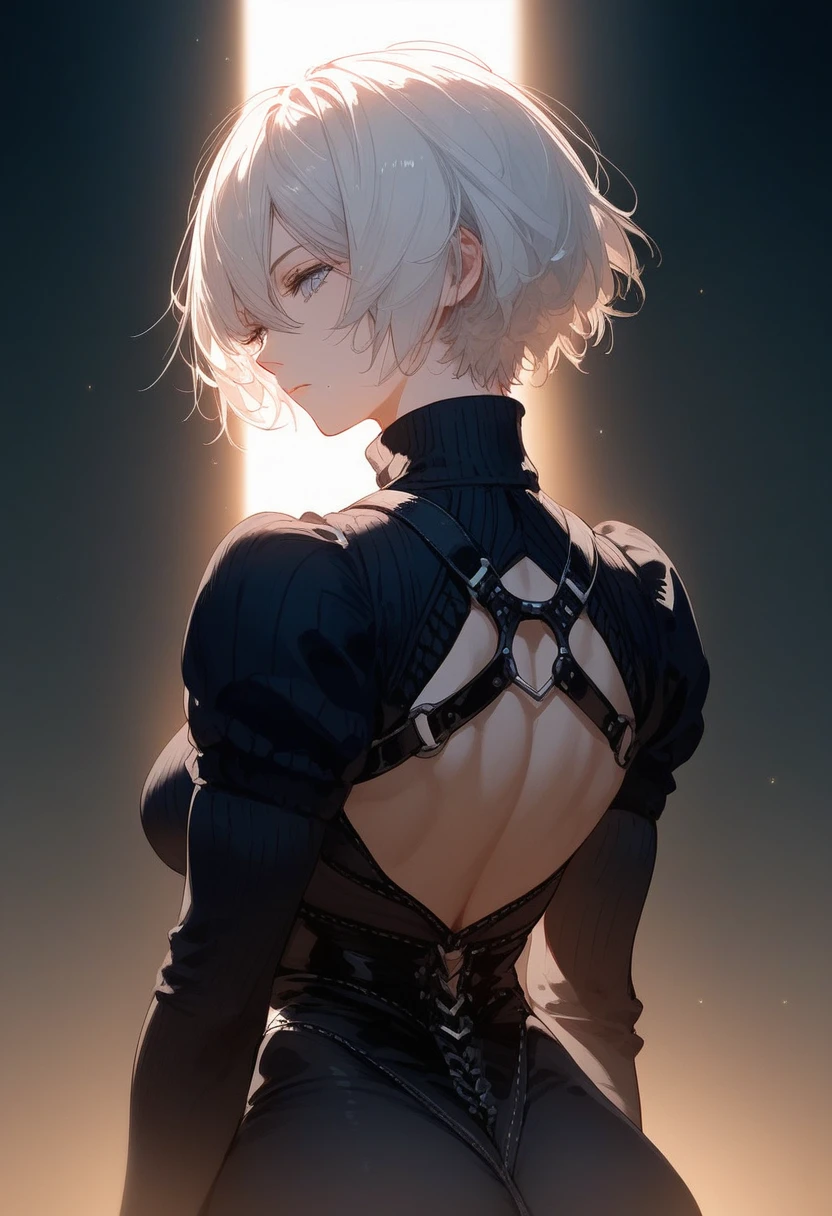 score_9, score_8_up, score_7_up, score_6_up, source_anime, <lora:FMT 0.2v:1>, FMT, 
dark theme,dark background,low light,looking ahead, 1girl,solo, tomboy,adult,tall female,white hair,short hair,bangs,straight hair,grey eyes,pale skin,toned,large breasts,expressionless,high collar,black sweater,long sleeves,harness,from behind,head tilt,looking back, 2b \(nier:automata\),
