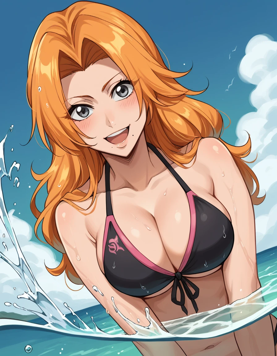 score_9, score_8_up, score_7_up, source_anime, <lora:rangiku-matsumoto-anime-ponyxl-lora-nochekaiser:1>, rangiku matsumoto, long hair, grey eyes, orange hair, mole, mole under mouth, parted bangs, large breasts, <lora:mismatched-bikini-ponyxl-lora-nochekaiser:1>, mismatched bikini, bikini,, beach, submerged, water, wet, splashing, smile, open mouth, blush,, cowboy shot, dutch angle, looking at viewer,