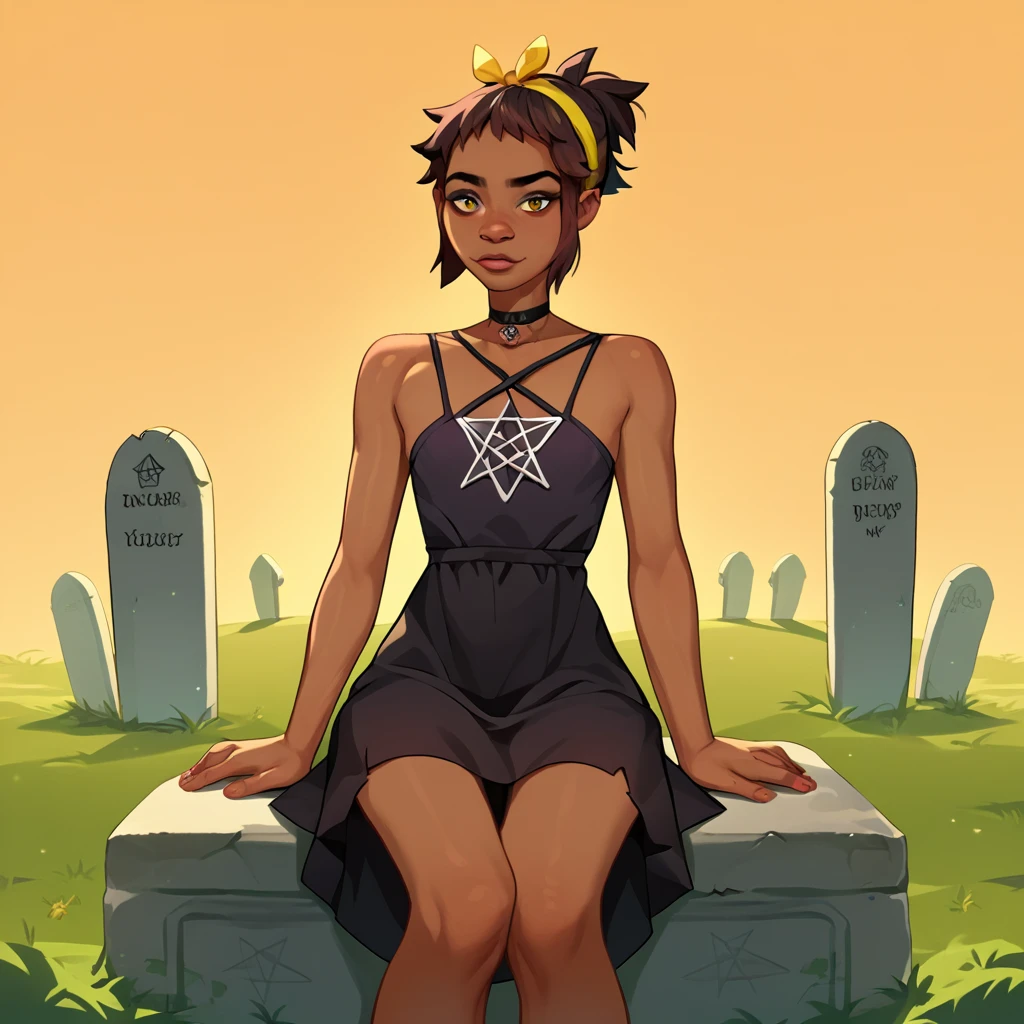 source cartoon, source western, score_9, score_8_up, score_7_up, score_6_up, score_5_up,1girl, am4nd4dds, dark-skinned female, petite female, choker, black pentagram dress, graveyard,flat shading, 2d