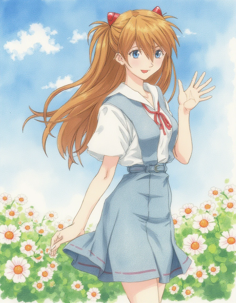 asuka,1girl,wearing tokyo-3 school uniform，interface headset on her head,she has big smile and wave her hands, looking at viewer,background is sky, cloud, a sea of flowers, vintage watercolor painting,skandinavian style, minimalistic and reduced color palette, 