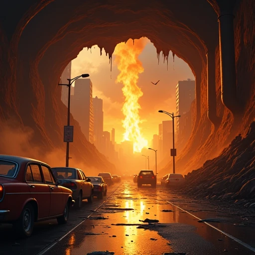 car, solo, street, bird, intense, column, heated, sky, road, cave, industrial pipe, arch, indoors, skyscraper, dark, pillar, post-apocalypse, molten rock, crack, reflection, outdoors, rock, glowing, truck, smoke, fearsome, sign, sunlight, destruction, overwhelming, lamppost, water, ground vehicle