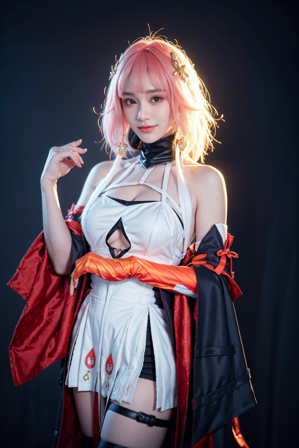 realistic,photorealistic,best quality,masterpiece,highres,8k,RAW photo,ultra-detailed,cowboy shot,1girl,solo,smile,looking at viewer,standing,changli cosplay costume,changli,cosplay,gradient hair,multicolored hair,pink hair,white hair,long hair,dress,bare shoulders,clothing cutout,cleavage cutout,thighhighs,thigh strap,detached sleeves,wide sleeves,single glove,elbow gloves,hair ornament,<lora:WutheringWaves_Changli_cosplay_costume_v1:0.7>,