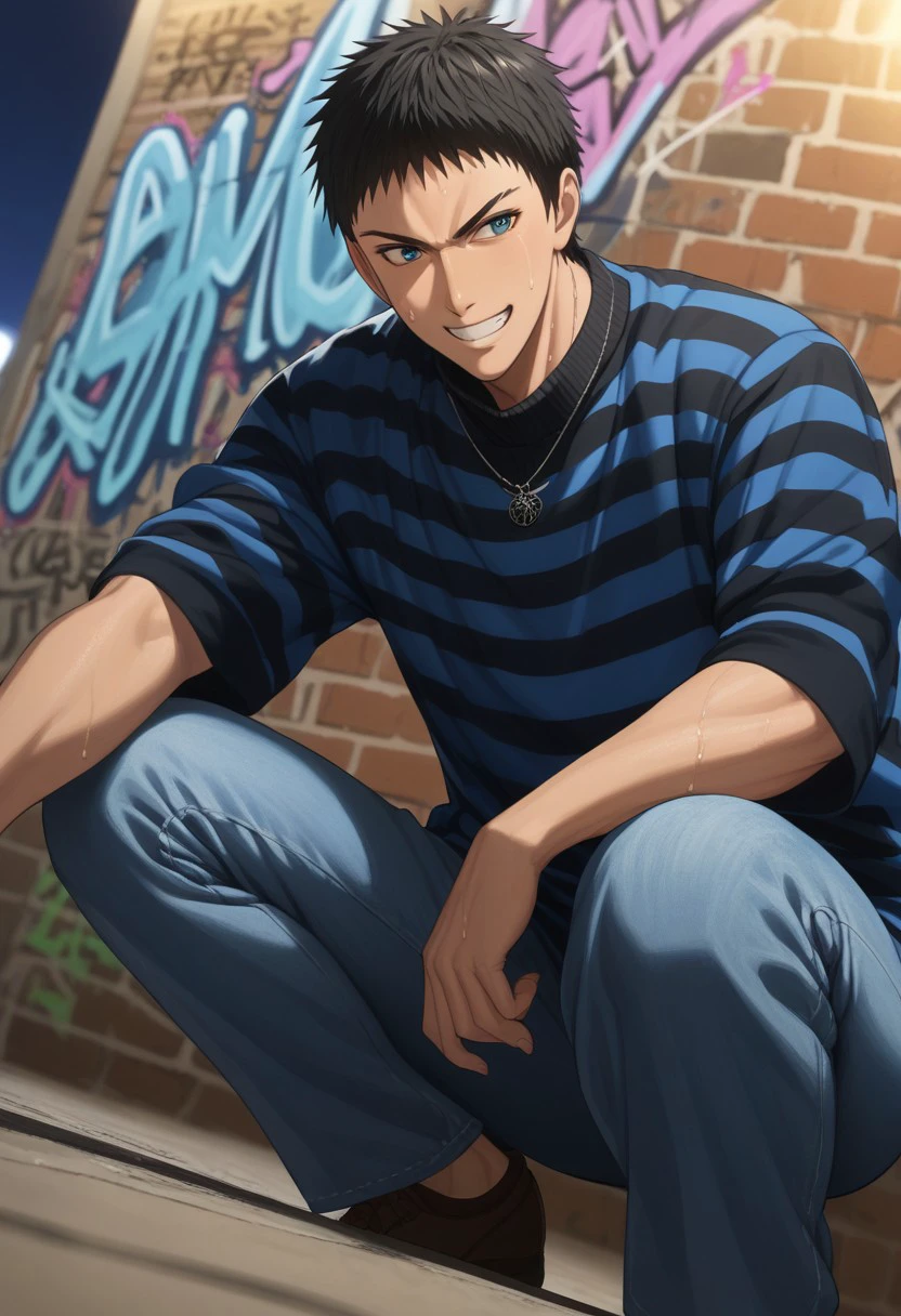 score_9, score_8_up, score_7_up, source_anime, rating_safe, night, KasamatsuKB, (black Kasamatsu hair), blue Kasamatsu eyes,, 1boy, male focus, striped turtleneck, necklace, jeans, grin, sweating, squatting, looking at another, hands with five fingers, blurry outdoor graffiti, graffiti wall, solo focus, from below, dutch angle, realistic shading,