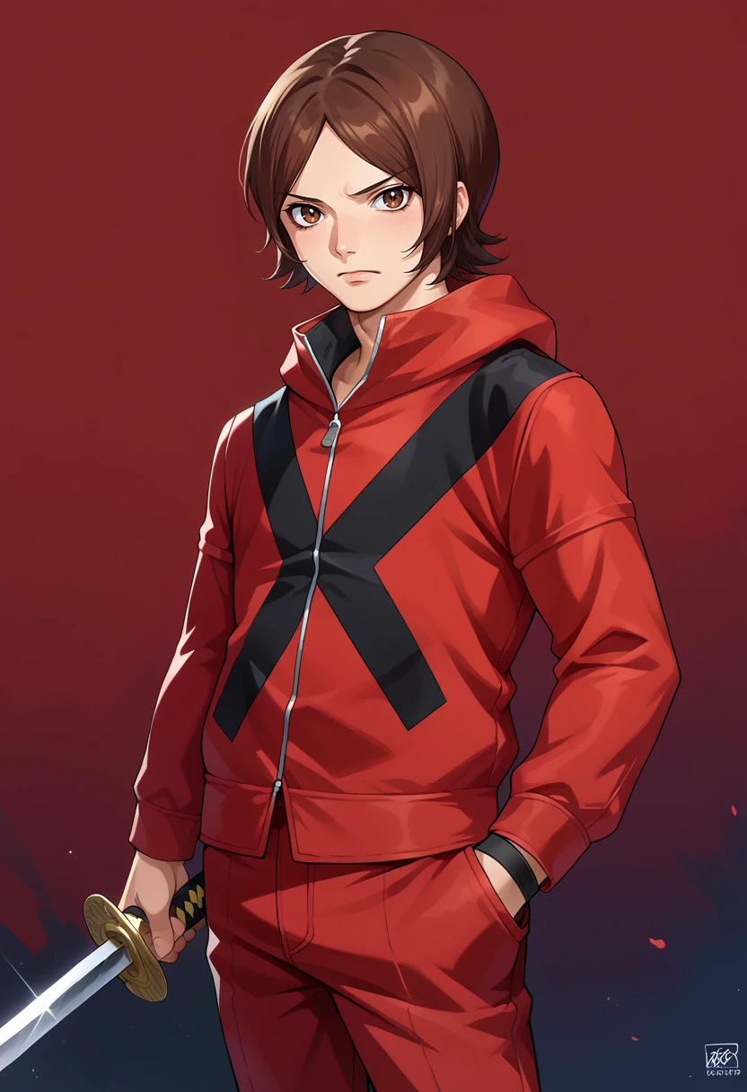 score_9, score_8_up, score_7_up, source_anime, BREAK, solo, 1boy, , looking at viewer, <lora:Tatsuya-pdxl_Fp:1>, tatsuyaep, brown hair, brown eyes, short hair, red jacket, red pants, hooded jacket, holding sword, katana, hand in pocket,