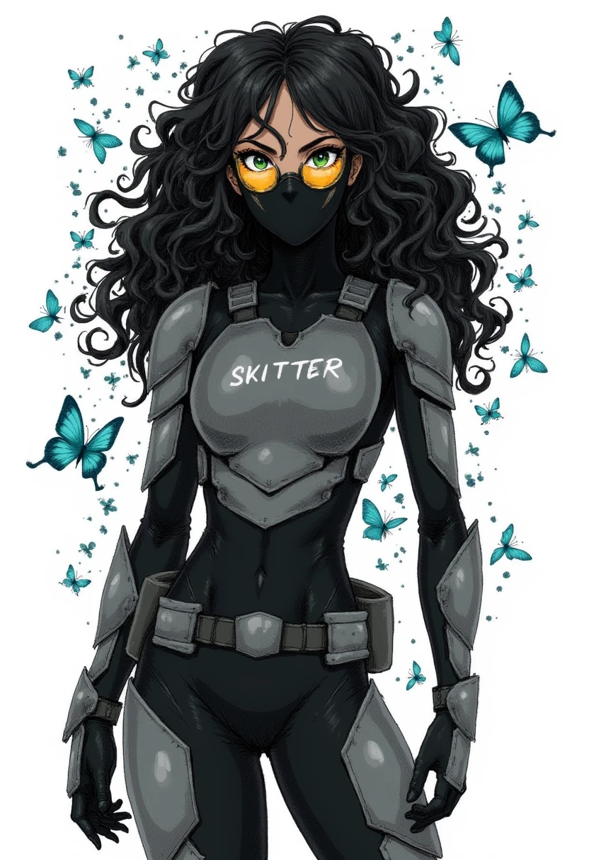 Full body image, Skitter, maskless, human face, green eyes with glasses, hair between eyes. The image is a colored pencil sketch. She is wearing armor bodysuit. Black body suit, with grey armor panels. Small chest. Skitter has long black wavy and curly hair. The bug mask two yellow compound lens. 

The background is white, with a bug swarm of blue butterflies.