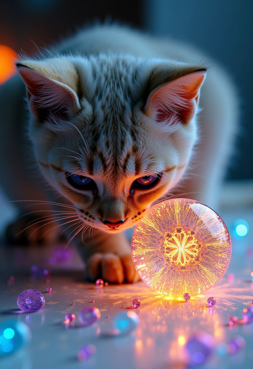 closeup zoom,(macro:1) photo,cute kitty cat plays on,(mandelbulb fractals:4) thousand shards of colorful glass candy on an opalescent countertop,condensation,effervescent,detailed,intricate,key light,backlight,fill light,three-point lighting, nebulae bubbles,