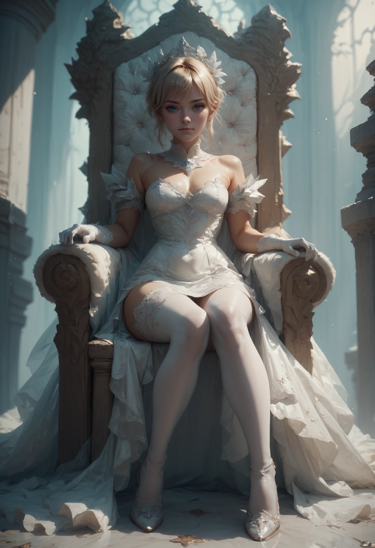 score_9, score_8_up, score_7_up, score_7, score_6_up, score_5_up, a woman wearing a reij-lcdrss01 <lora:lacedress01-000005:1>, sitting on a white throne, white gloves