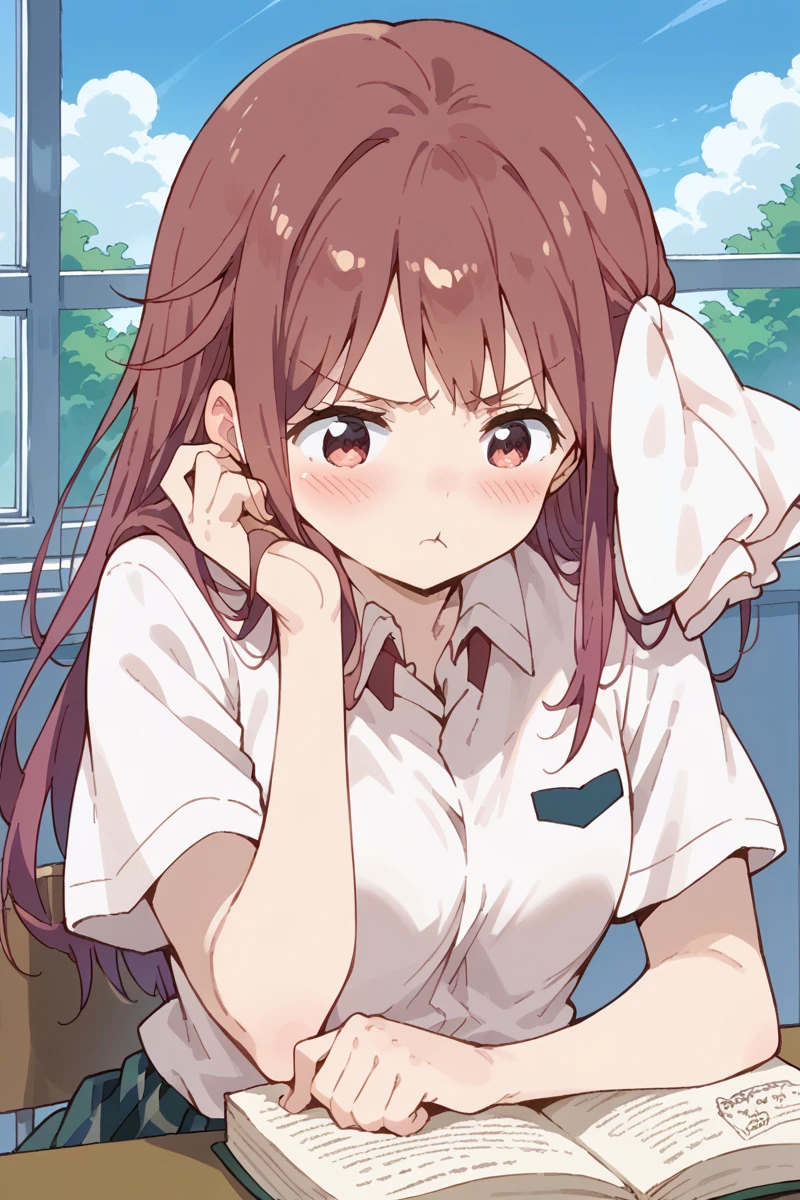 score_9, score_8_up, score_7_up, score_6_up,
<lora:Haruka_Takayama:1> haruka, 1girl, solo, blush, pout, book, hair ribbon, ribbon, :t, window, brown hair, school uniform, anime coloring, red hair, long hair