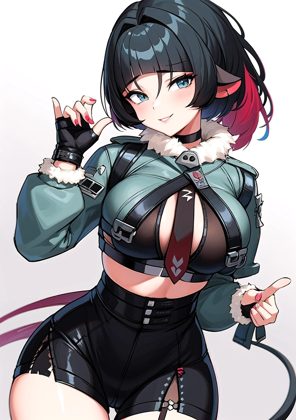 <lora:Jane_Doe:1> 1girl, solo, black hair, breasts, tail, animal ears, short hair, multicolored hair, ponytail, , black shorts, black gloves, fur trim, fingerless gloves, torn clothes, jacket, shorts