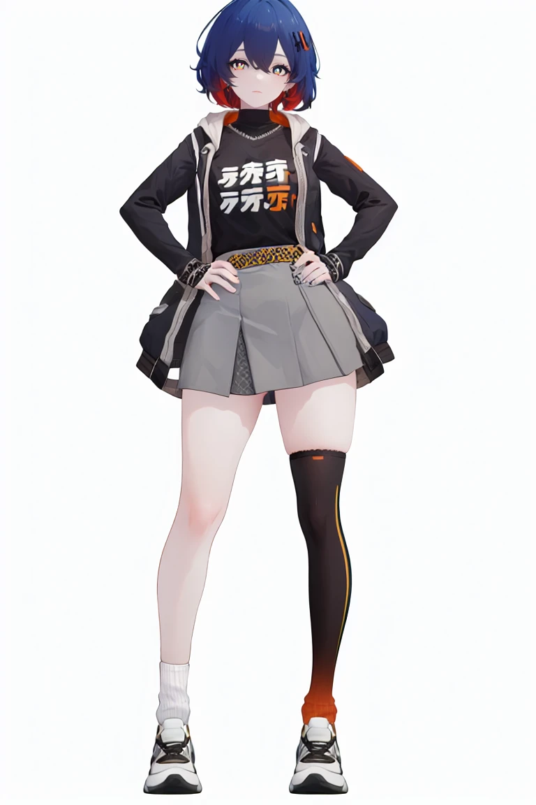 8k, best quality, masterpiece, (ultra-detailed), (high detailed skin),
(full body:1.25), (white background:1.5), (simple background), standing, looking at viewer, (solo:1.2), hands on hips,
<lora:zhe-lin-sd-Tanger:0.8>, lin, lin's clothes, 1girl, grey skirt, blue hair, (single thighhigh:1.1), socks, short hair, asymmetrical legwear, multicolored pupils,