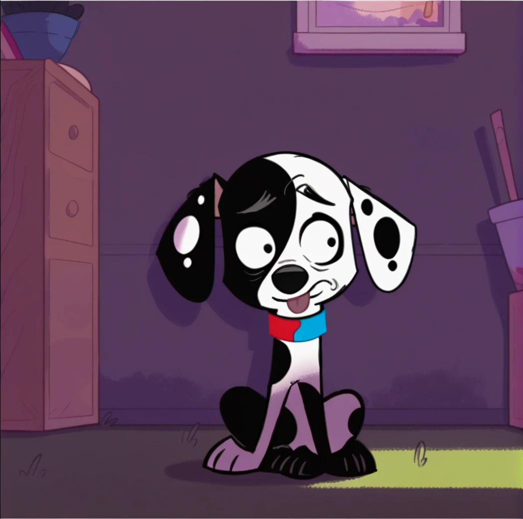 score_9, score_8_up, score_7_up, score_6_up, score_5_up, score_4_up, <lora:deepak101dalmatianstreet2:1>, deepakdog, solo, open mouth, 1boy, sitting, outdoors, tongue, indoors, tongue out, no humans, !, dog, multicolored collar, black and white fur, dog ears, spots