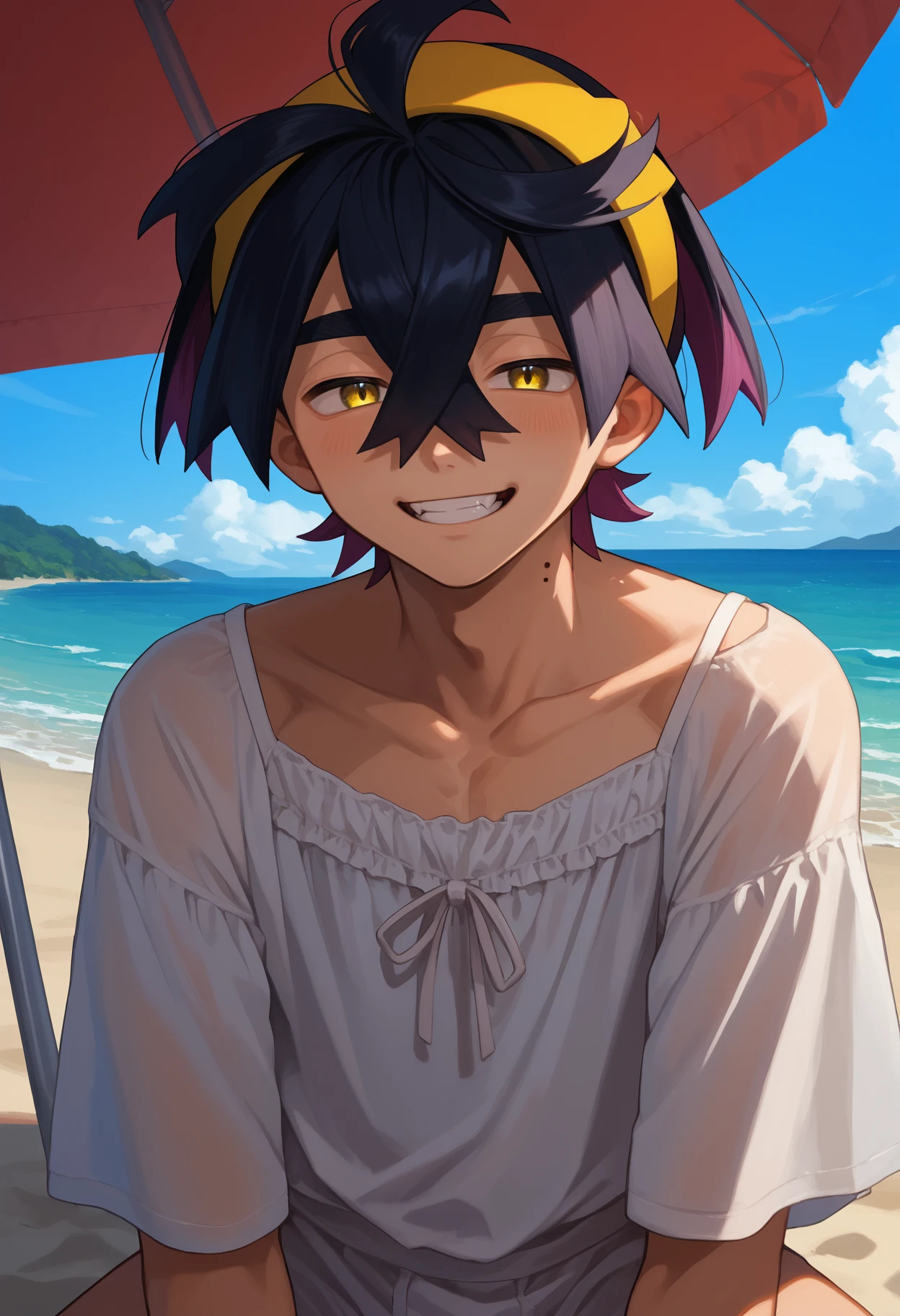 score_9, score_8_up,score_7_up, source_anime, 1boy, solo, kieran, male focus, short hair, yellow eyes, mole on neck, yellow hairband, crossdressing, otoko no ko, 
mesugaki, naughty grin, smug, open_mouth, :3,:d, smile, fang,
in the beach, summer sky, sunshade umbrella ,
<lora:krn_pdxl_EliPot_V8:1>