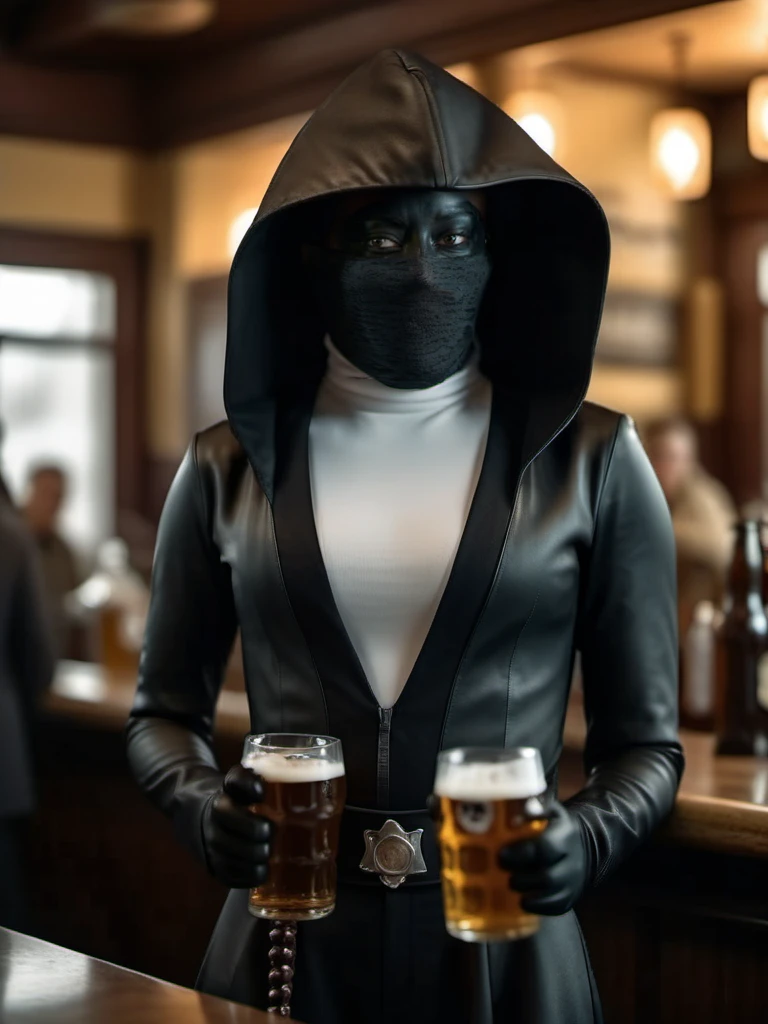 full body portrait 1girl, black gloves, white turtleneck, black hood, black mask, black mouth mask, black jacket, having a beer in a pub  <lora:SisterNight1024:0.8>