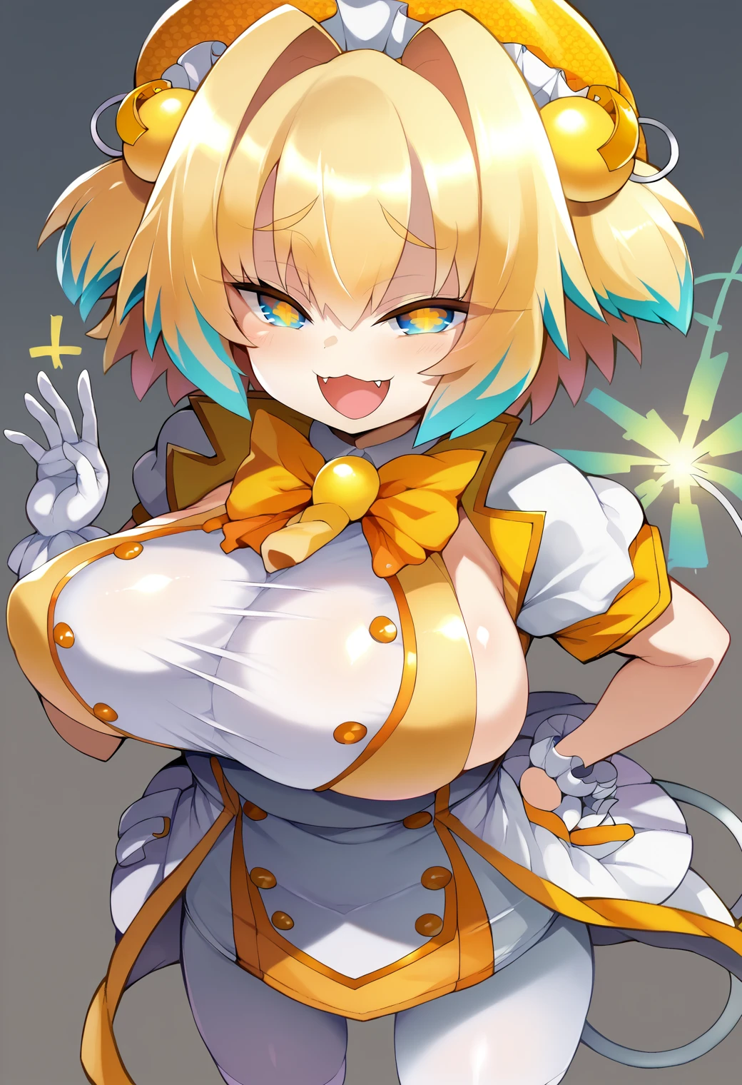 score_9, score_7_up, hd, (ultra hd quality details), source_anime, gradient background,
solo, 1girl, bbgpne, large breasts, symbol-shaped pupils, fangs, short hair, large breasts,
fuse tail, grenade hair ornament, orange headwear, white dress, neck bow, puffy short sleeves, frills, white gloves, white pantyhose,
looking at viewer, blush, open mouth, smile,
standing, hand on hip,
<lora:_shimejinameko_style-elesico-pony-17:1>  <lora:Hoseki_Bombergirl_Pine_PDXL_v1:0.9>