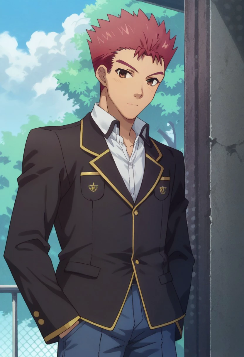 score_9, score_8_up, score_7_up, source_anime, highly detailed, 
yujisakamoto, 1boy, male focus, red hair, solo, school uniform, spiked hair, brown eyes,
upper body, shirt, white shirt, jacket, black jacket, long sleeves, pants, blue pants
outdoor, sky, tree