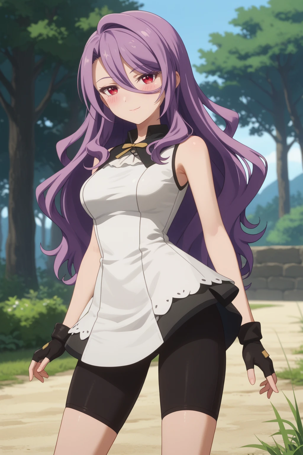 score_9, score_8_up, score_7_up, 1girl, solo, BREAK
emila, long hair, purple hair, red eyes, wavy hair, hair between eyes,
medium breasts, fingerless gloves, black gloves, sleeveless, black shorts, bike shorts, white dress, seductive gaze, bedroom eyes, closed mouth, naughty face,
blush, looking at viewer, standing, contrapposto, legs apart, pose,
outdoors, blurry background,
<lora:emilia_izo:0.75>