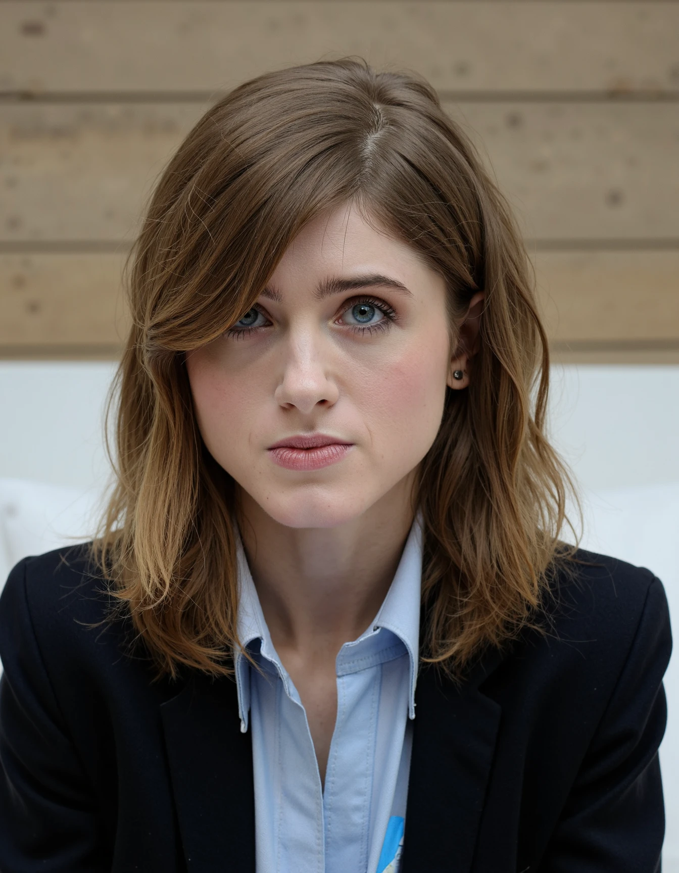 Mid-shot portrait of a beautiful woman natalia dyer in her 20s in an hi tech office with blazer and a shirt under   <lora:natalia_dyer_flux_lora_v1:1>