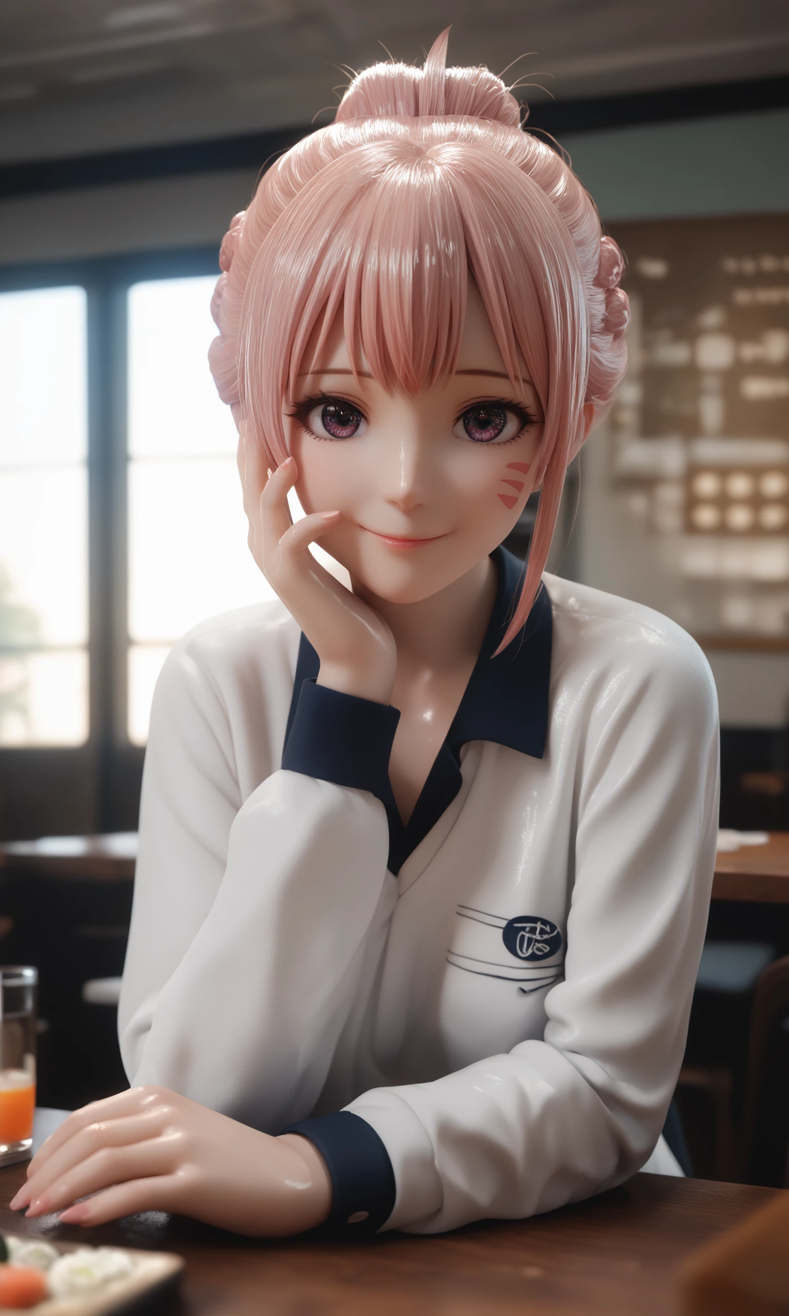score_9,score_8_up,score_7_up,source_anime,shiny_skin,
1girl,solo,Furuhashi Suzuna,Suzuna's business suit,solo,looking at viewer,smile,head on hand,own hands together,depth of field,indoors,restaurant,coach,window,food,sushi,table,