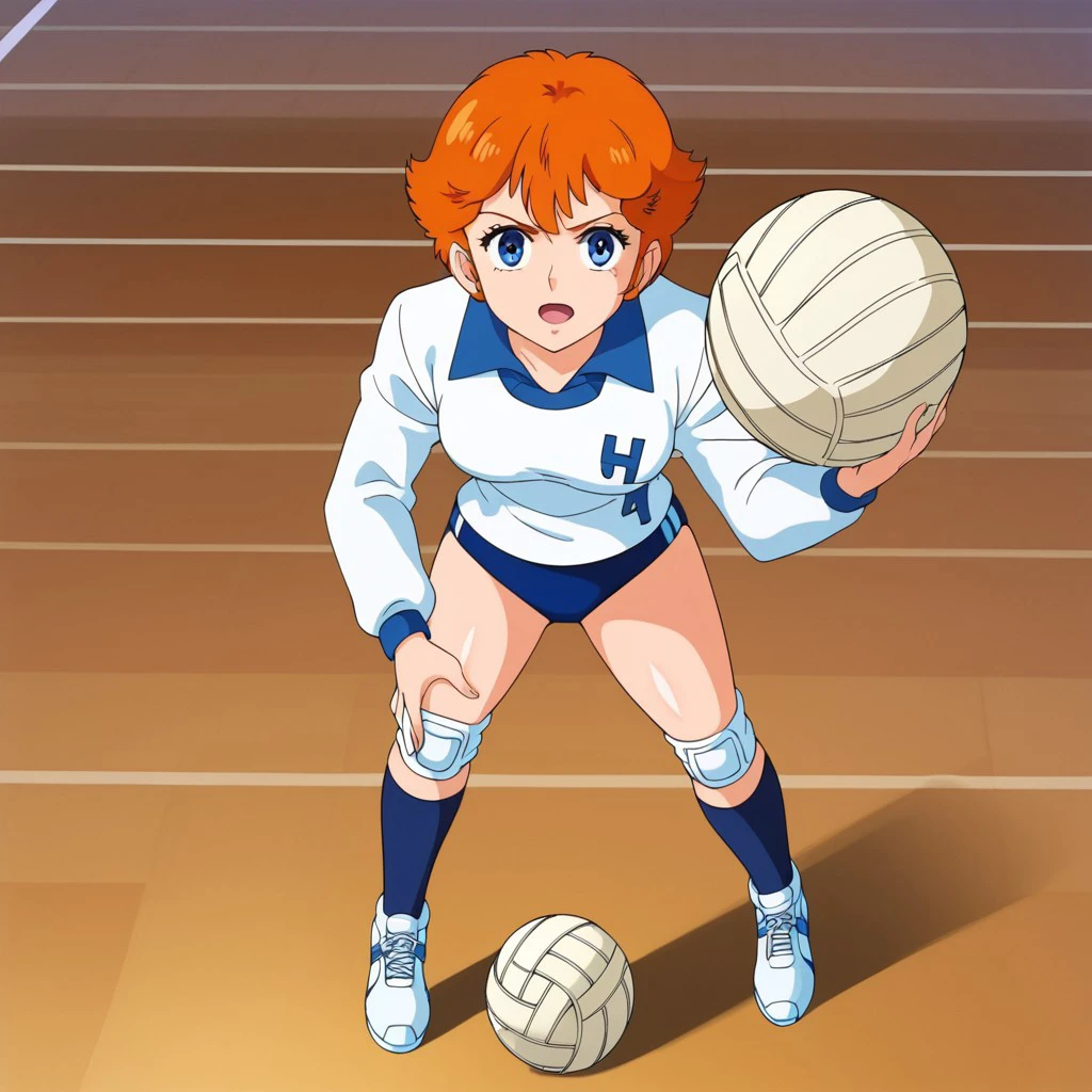 1girl, solo, Hazuki Yu, blue eyes, orange hair, short hair, buruma, blue buruma, knee pads, long sleeves, gym uniform, shirt, sneackers, full body, throwing a volleyball, volleyball, front view,