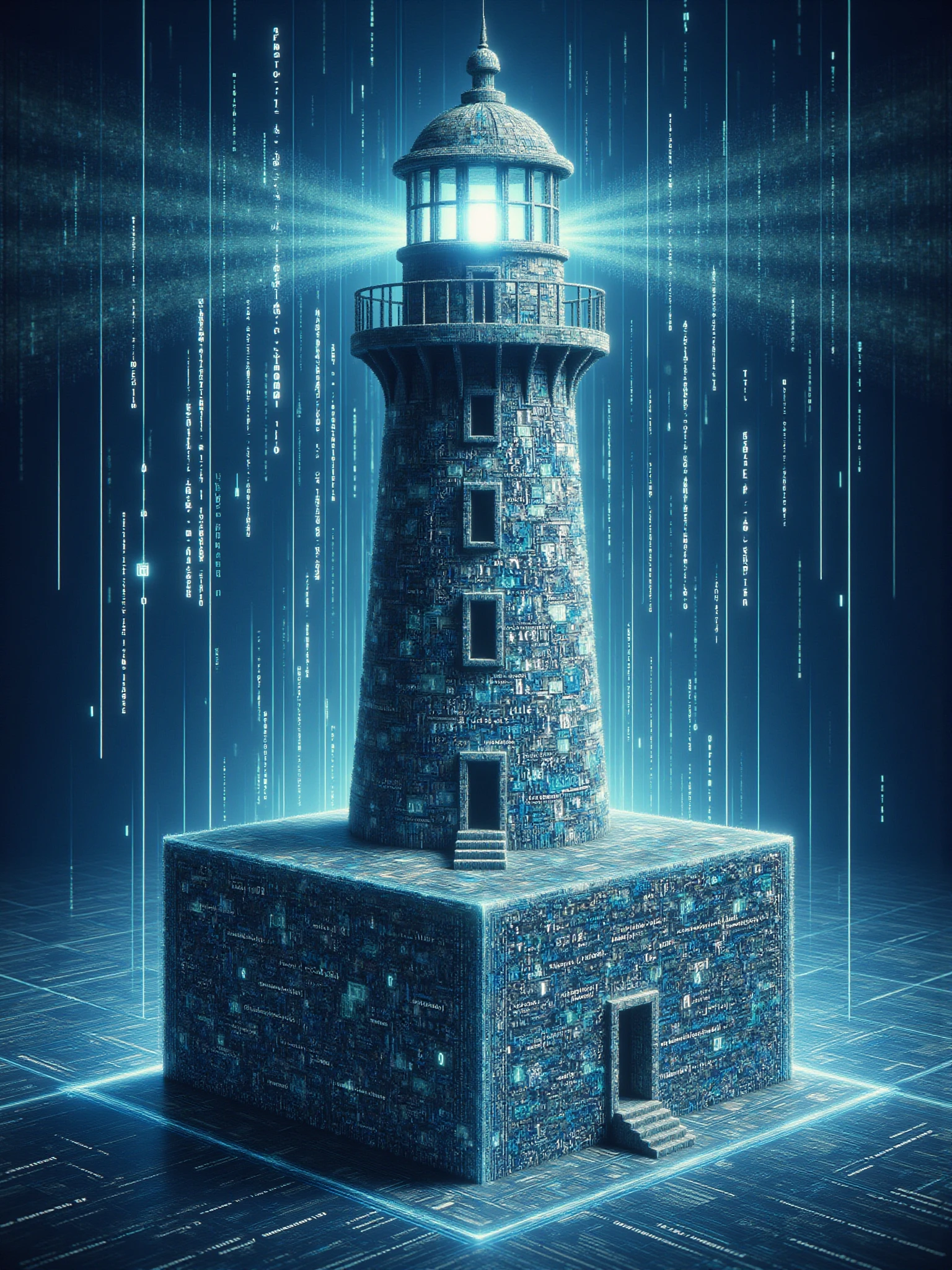 lighthouse on a transparent cube floating in cyberspace made of letters and numbers,mad-dtstrm (masterpiece:1.2), best quality<lora:Neon_Cyberpunk_Datastream_FLUX:0.8>