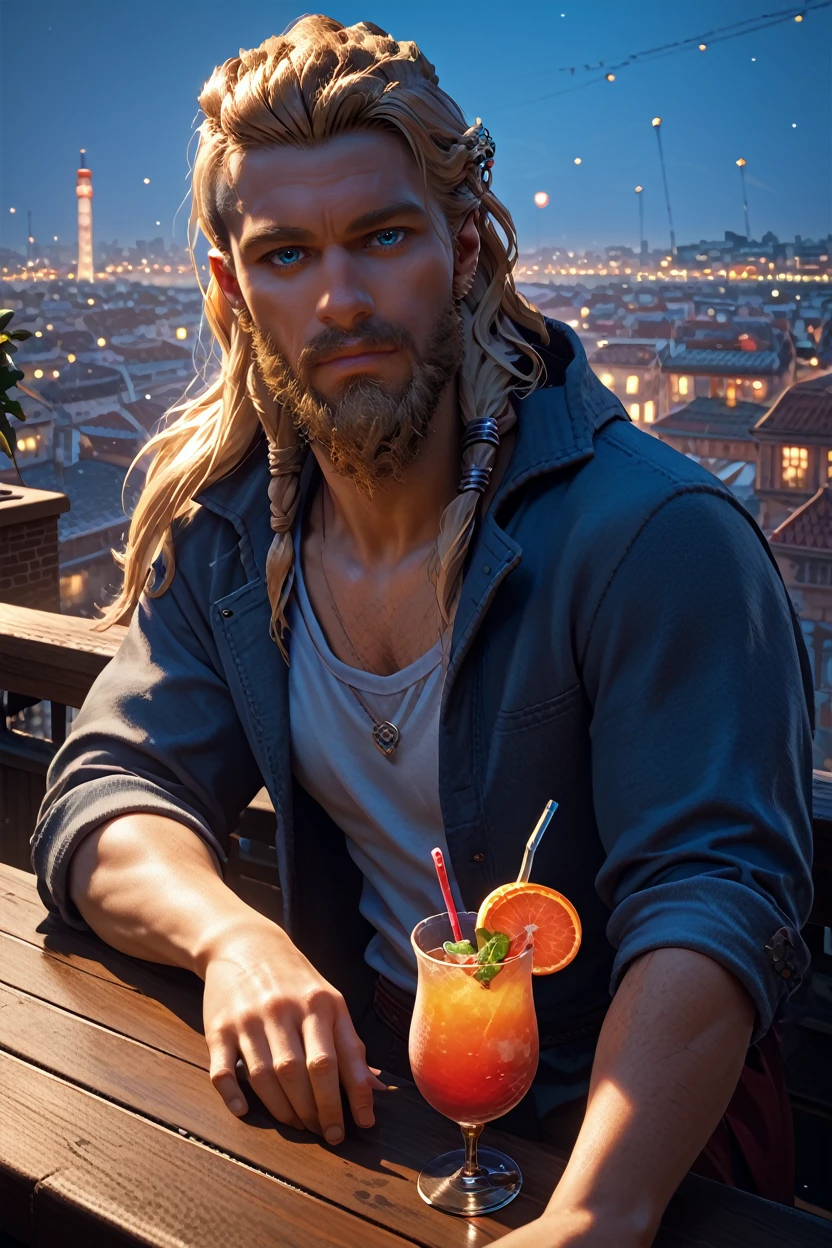 score_9, score_8_up, score_7_up, score_6_up
<lora:ACMEivor:1.0>
ACMEivor, 1boy, blonde hair, long hair, blue eyes, beard, looking at viewer, sipping a cocktail at a rooftop bar, with city lights twinkling below