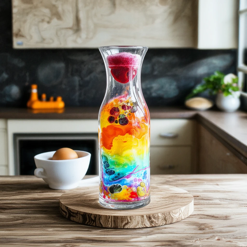 a bottle with a beautiful rainbow galaxy inside it on top of a wooden table in the middle of a modern kitchen beside a plate of vegetables and mushrooms and a wine glasse that contains a planet earth with a plate with a half eaten apple pie on it, in a flu1dart style