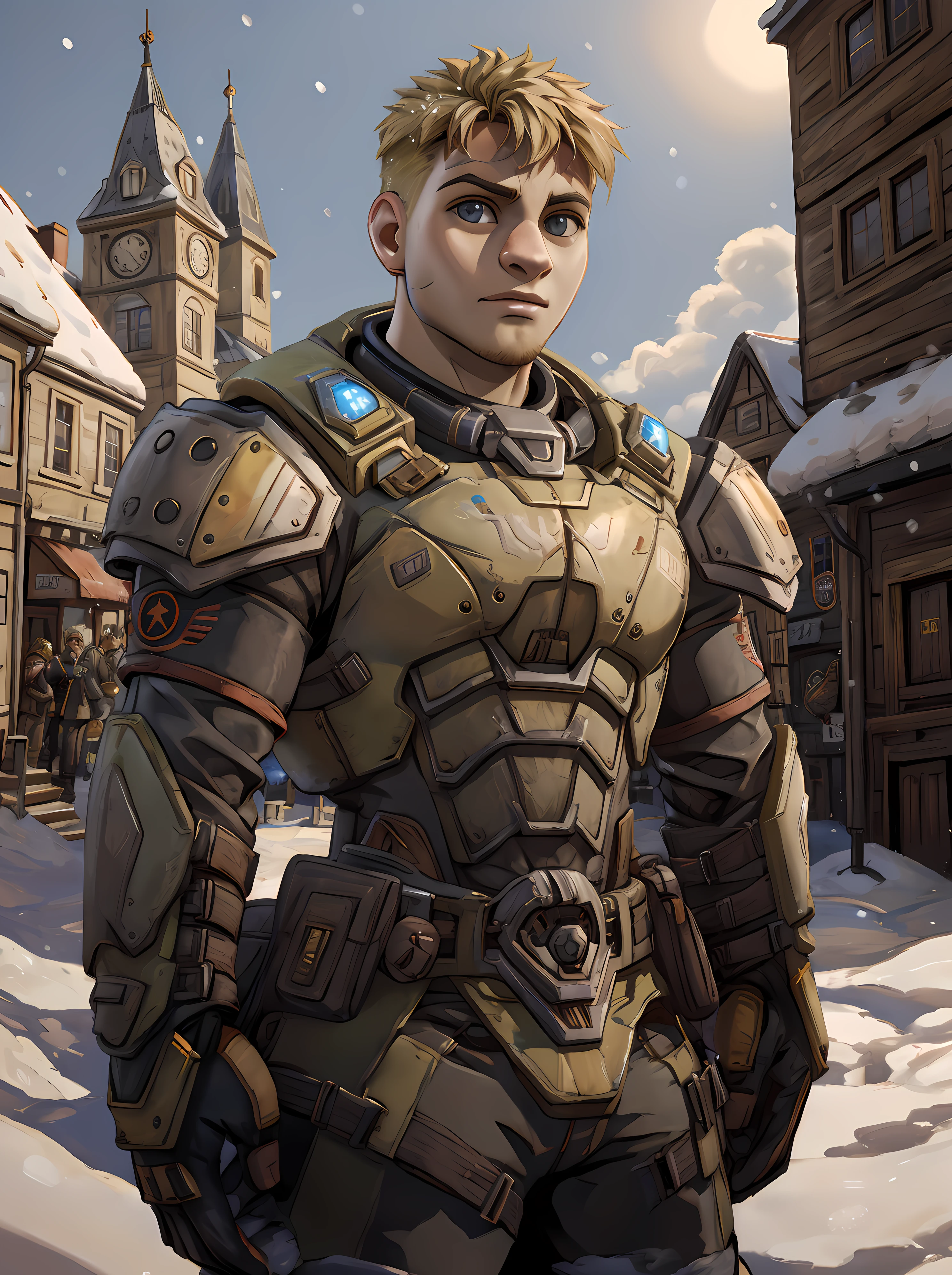 garron_paduk, looking at viewer, town, daytime, winter, snow, armor, short hair, blonde hair, muscular <lora:Garron_Paduk-15:0.8>