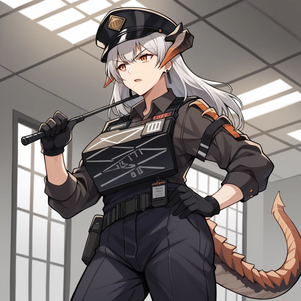 score_9_up, score_8_up, score_7_up, source_anime, masterpiece, best quality, 1girl, solo, Saria_Ark, Sar_Warden prison cells, prison interior, ceiling light, walking, holding baton, serious, open mouth, looking to side, hand on hip, dragon tail, dragon horns, white hair, orange eyes, saria_(arknights), police uniform, tactical clothes, black shirt, medium sleeves, black pants, belt, black gloves, collared shirt, black headwear, stuf earrings, police hat, mature body, dynamic cowboy shot, indoors, prison background