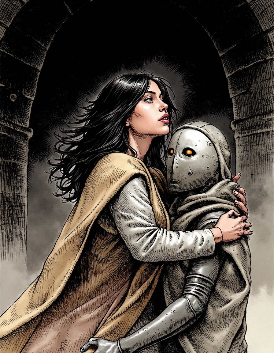 an illustration of a woman embracing a robot, illustration by Serpieri, both characters are wearing cloth cloaks, the woman has windblown black hair, dark background, misty concrete walls with cross hatching producing an ominous mood <lora:Serpieri_for_Flux:1>