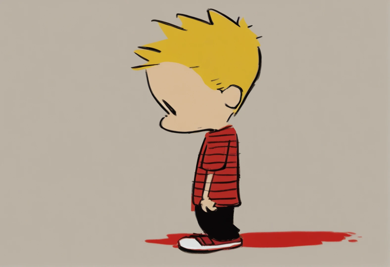 <lora:CalvinAH:1>,calvinah, 1boy, male focus, solo, blonde hair, chibi, full body, striped shirt, black pants, red and white shoes, sidee view,empty background,