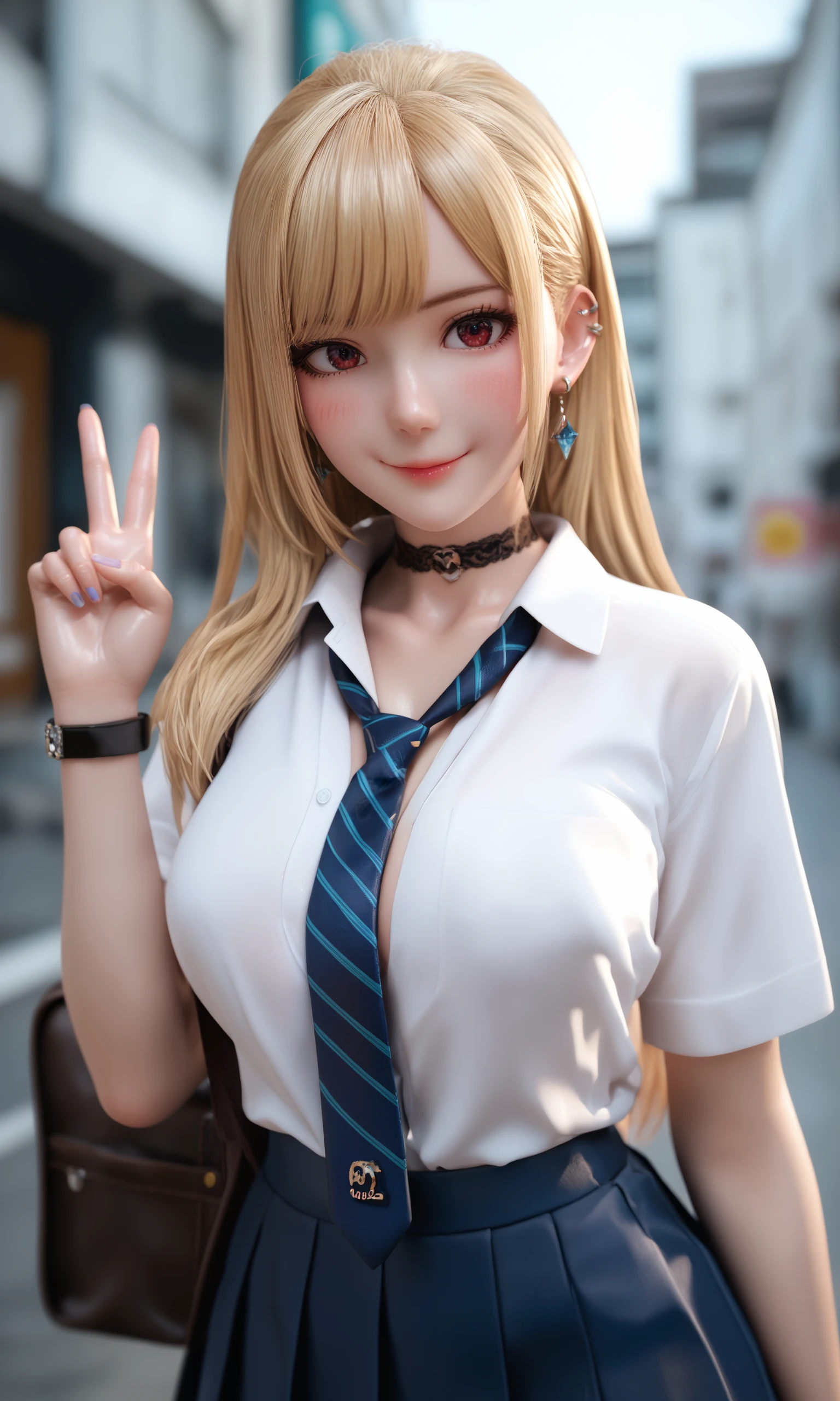 score_9,score_8_up,score_7_up,source_anime,shiny_skin,
18 year old,1girl,sensitive,kitagawa marin,solo,long hair,breasts,looking at viewer,blush,smile,shirt,skirt,blonde hair,red eyes,jewelry,school uniform,white shirt,earrings,pleated skirt,necktie,collared shirt,choker,bag,bracelet,blue skirt,v,black choker,blurry background,piercing,ear piercing,blue necktie,school bag,